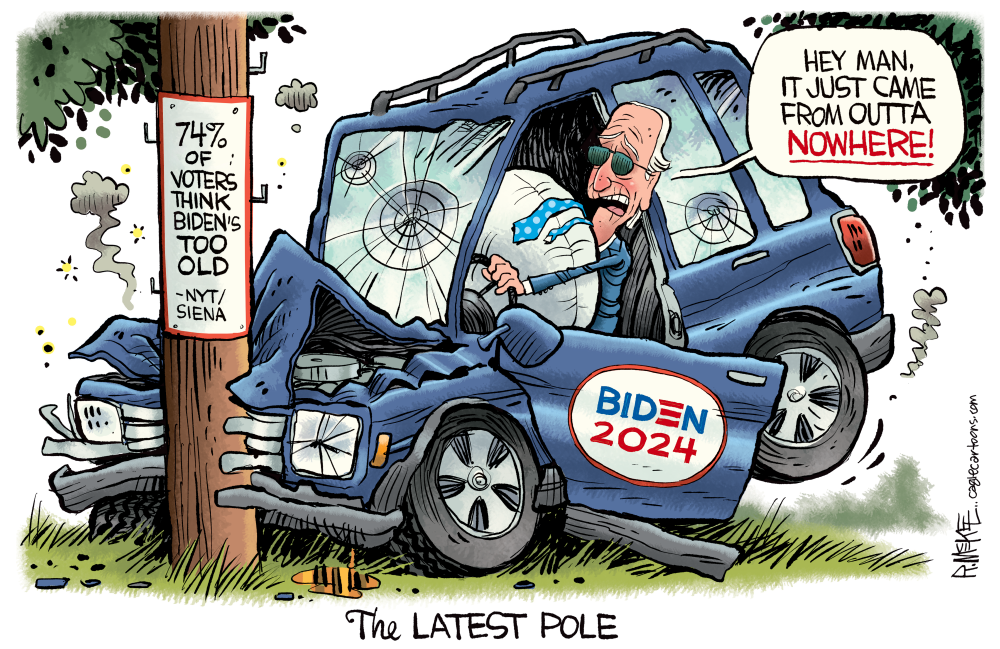 Editorial cartoon showing Biden driving off road.