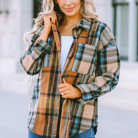 Plaid Curved Hem Shirt Jacket with Breast Pockets