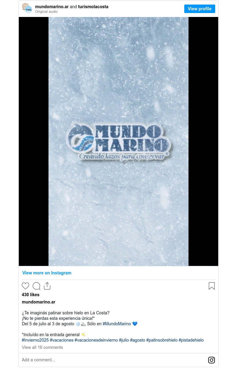Mundo Marino on Instagram: "¿Te imaginás patinar sobre hielo en La Costa? ¡No te pierdas esta experiencia única!* Del 5 de julio al 3 de agosto ❄️⛸ Sólo en #MundoMarino 💙 *Incluído en la entrada general ✨ #Invierno2025 #vacaciones #vacacionesdeinvierno #julio #agosto #patinsobrehielo #pistadehielo"