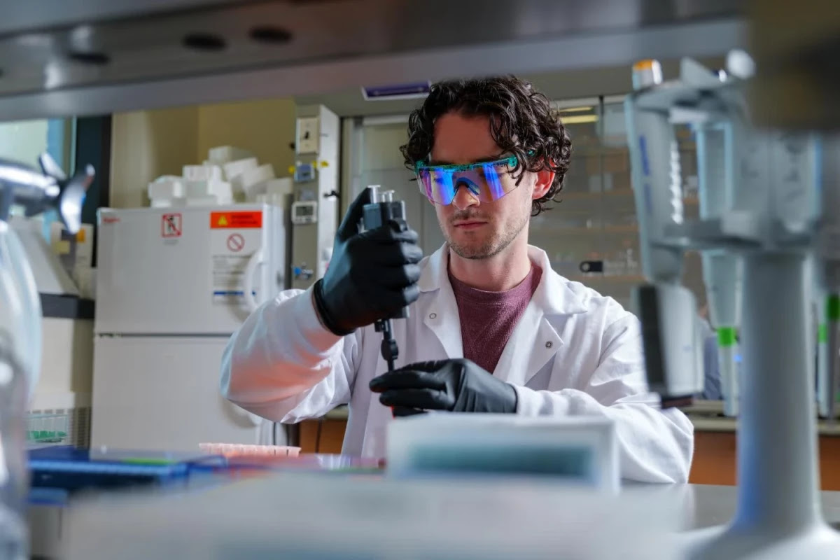 Researcher Cooper Thome demonstrates the new acoustic pipette device, which could perform blood tests in as little as an hour