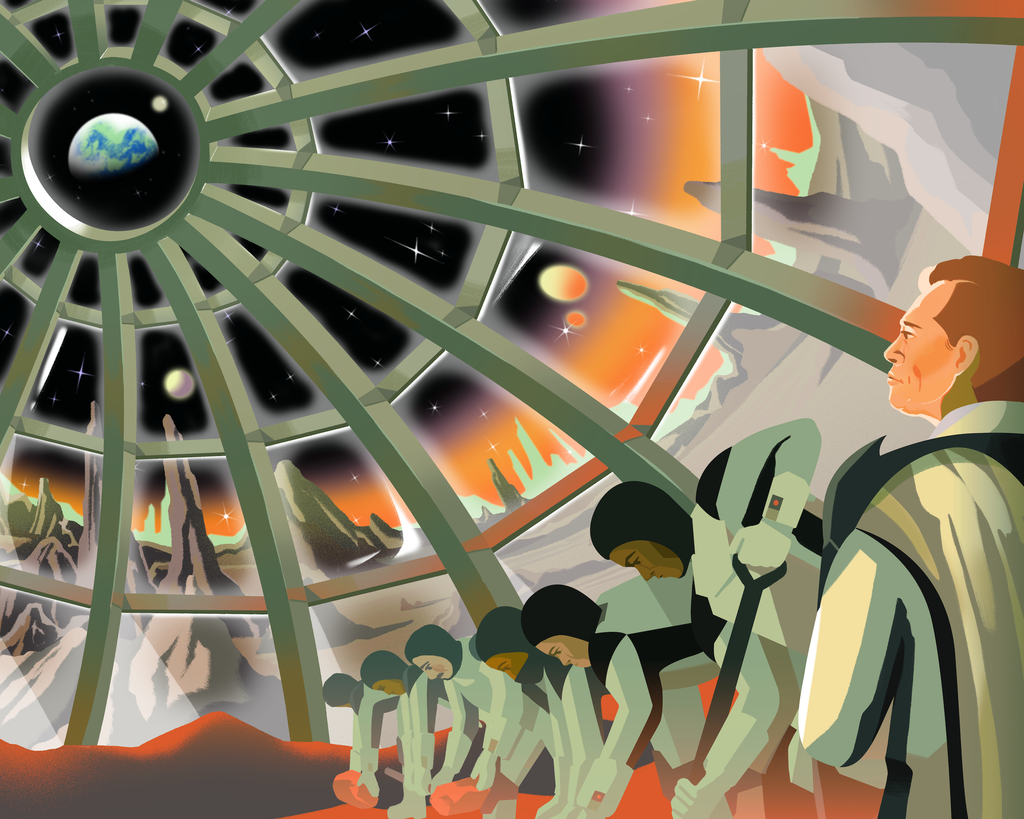 An illustration of Elon Musk gazing up toward planets from within a glass dome. A group of laborers is stooped with shovels in hand behind him. 