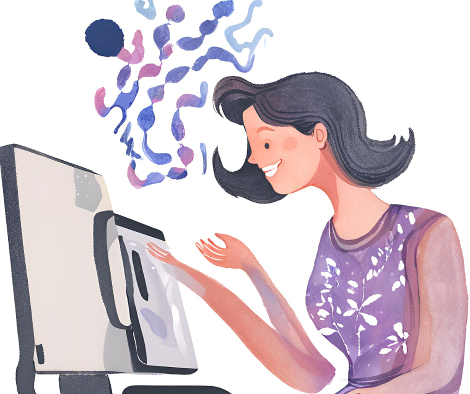 タブレットを見ながら仕事をしている笑顔の女性水彩画風_Canvaの生成AIで作成した画像