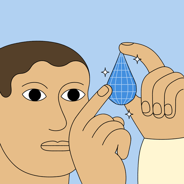 An illustration of a person touching a large teardrop with both hands.