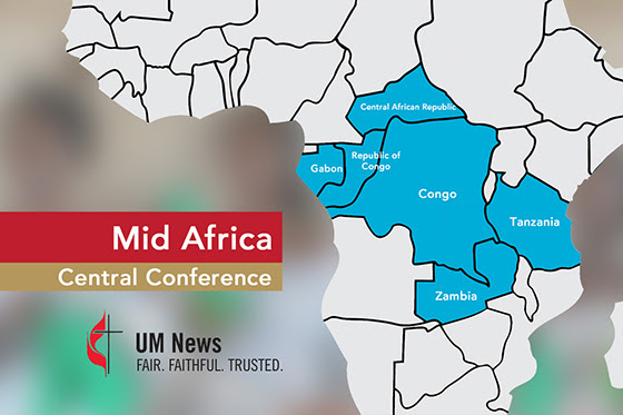 A map shows the Mid Africa Central Conference, formerly known as the Congo Central Conference. The central conference is meeting July 10-13 in Kitwe, Zambia. Delegates will elect three bishops, two to succeed retiring bishops and one added to the central conference by last year’s General Conference. Graphic by Ben Ward, UM News.