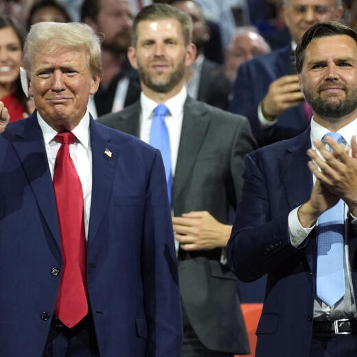 FILE - Republican presidential candidate former President Donald Trump, left, and Republican vice presidential candidate Sen. JD Vance, R-Ohio, attend the Republican National Convention, July 15, 2024, in Milwaukee. Vice President Kamala Harris and her Democratic allies are increasingly branding Trump and Vance as "weird." Democrats are applying the label with gusto in interviews and online. (AP Photo/Evan Vucci, File)