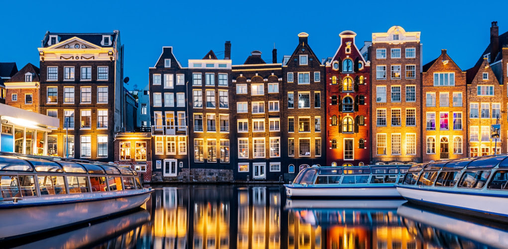 Canal Boats Townscape Night Amsterdam