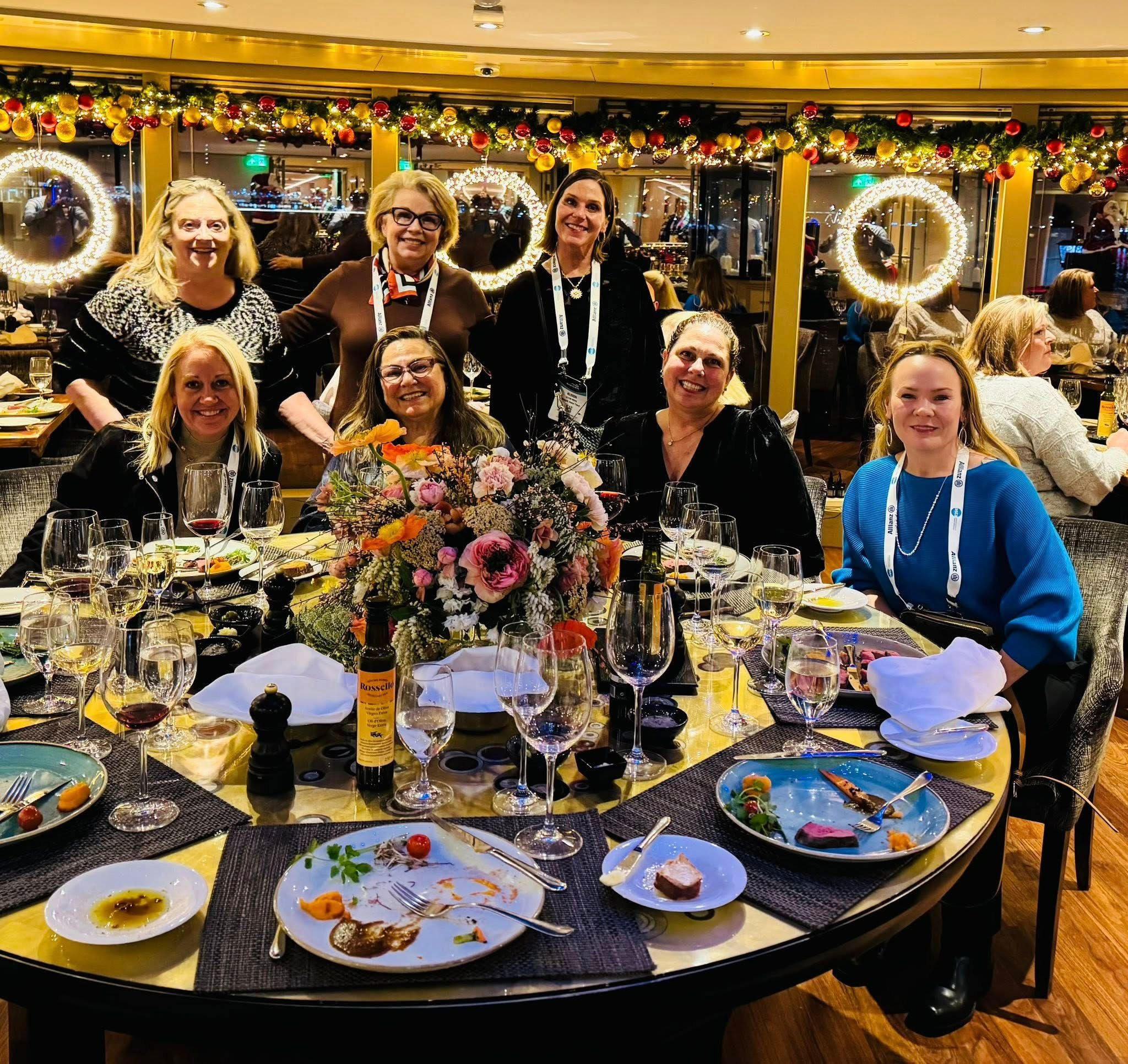 Straight Away Travel advisors enjoying dinner onboard the AmaCello.