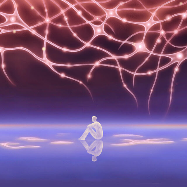 An illustration of a seated figure and the person's reflection in a vast landscape. Above the person is a web of neural pathways. 