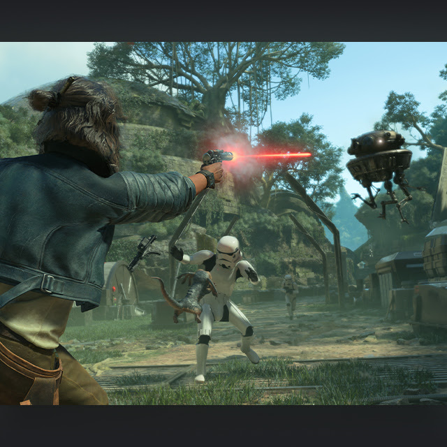 Scoundrel Kay Vess fires at incoming stormtroopers and droids with her blaster, as seen in Star Wars Outlaws.
