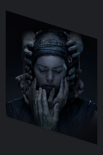 Key art for Senua's Saga: Hellblade II featuring hands caressing Senua's solemn face from all angles.