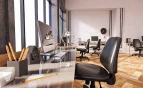 office space with large windows, sleek desks, and ergonomic chairs, all set against a backdrop of polished hardwood floors, creating an elegant and productive work environment.