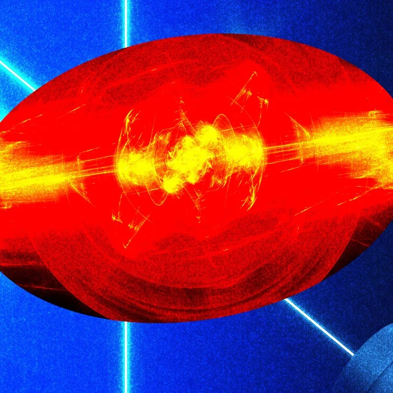 Photo collage showing laser beams and fusion reaction at the centre