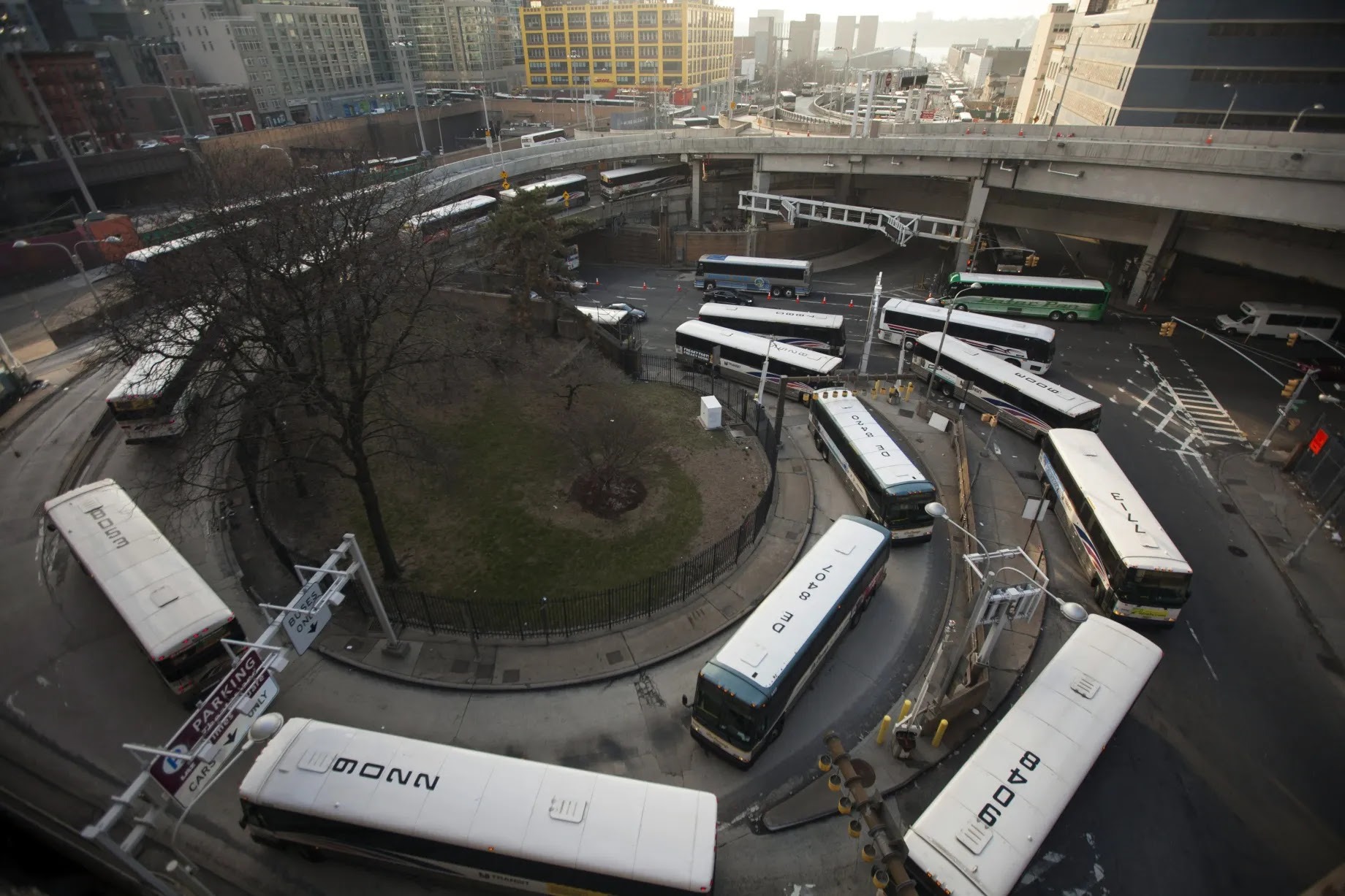 Buses wait in line to enter the Port Authority Bus Terminal in New York,.