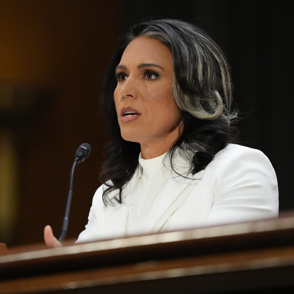 A portrait of Tulsi Gabbard speaking into a microphone. 