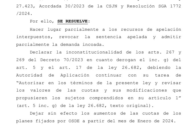 Parte del dictamen que declara inconstitucional el aumento de prepagas del DNU