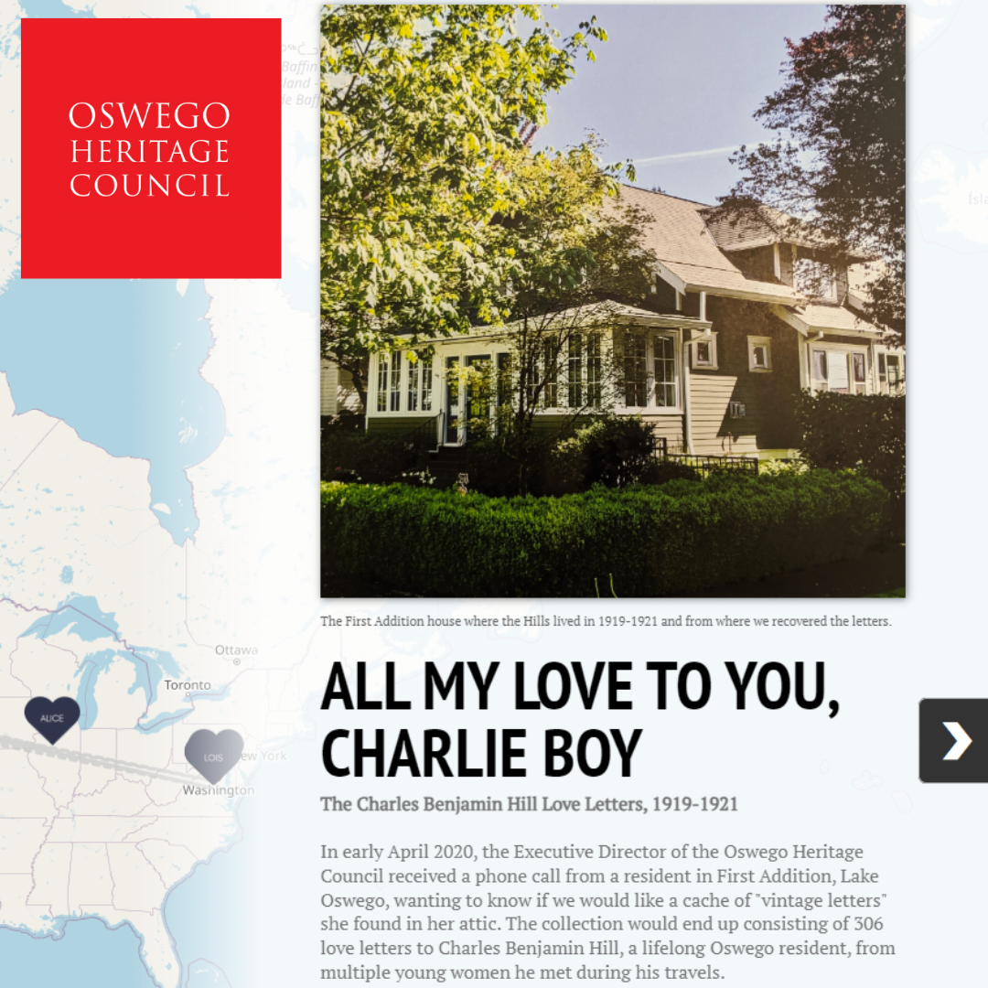 Front page of the storymap labeled "All My Love to You, Charlie Boy: the Charles Benjamin Hill Love Letters, 1919-1921"