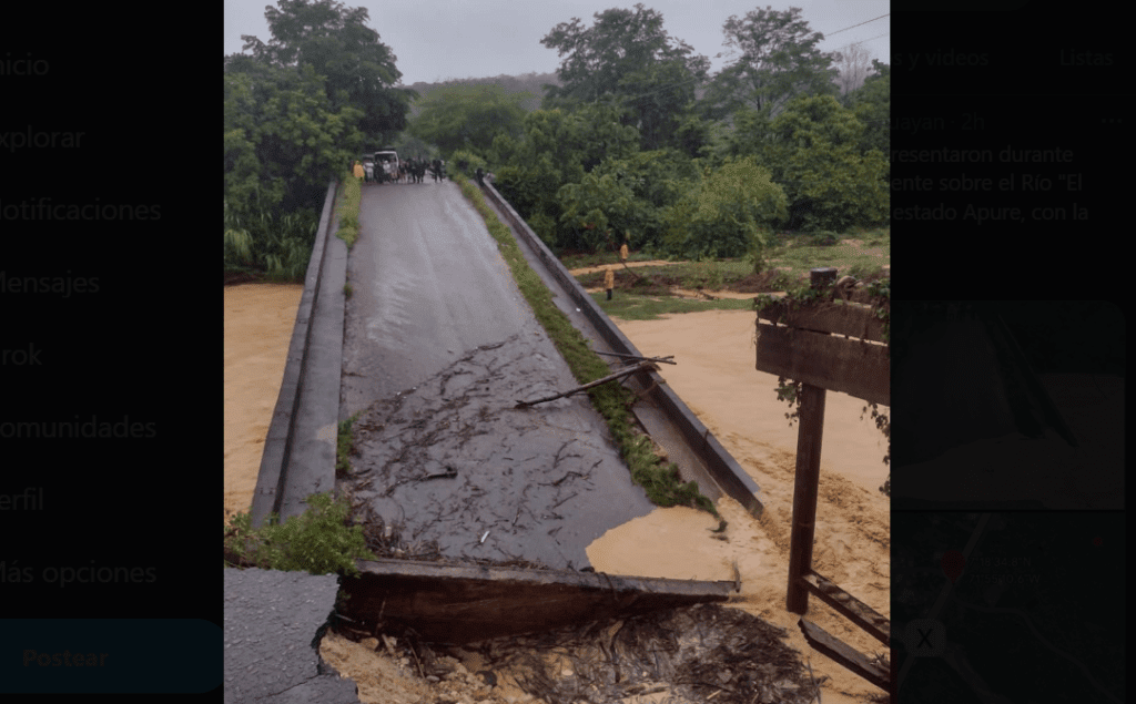 Lluvias provocan colapso de puente entre Apure y Táchira