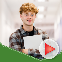 Image with a play button featuring a young man holding a folder.