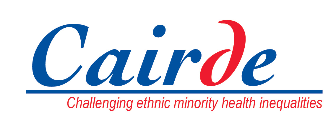 The logo of the Cairde organisation, with 'Cairde' written in blue and red font in front of a white background. Underneath, in red type, it reads, 'Challenging ethnic minority health inequalities'.