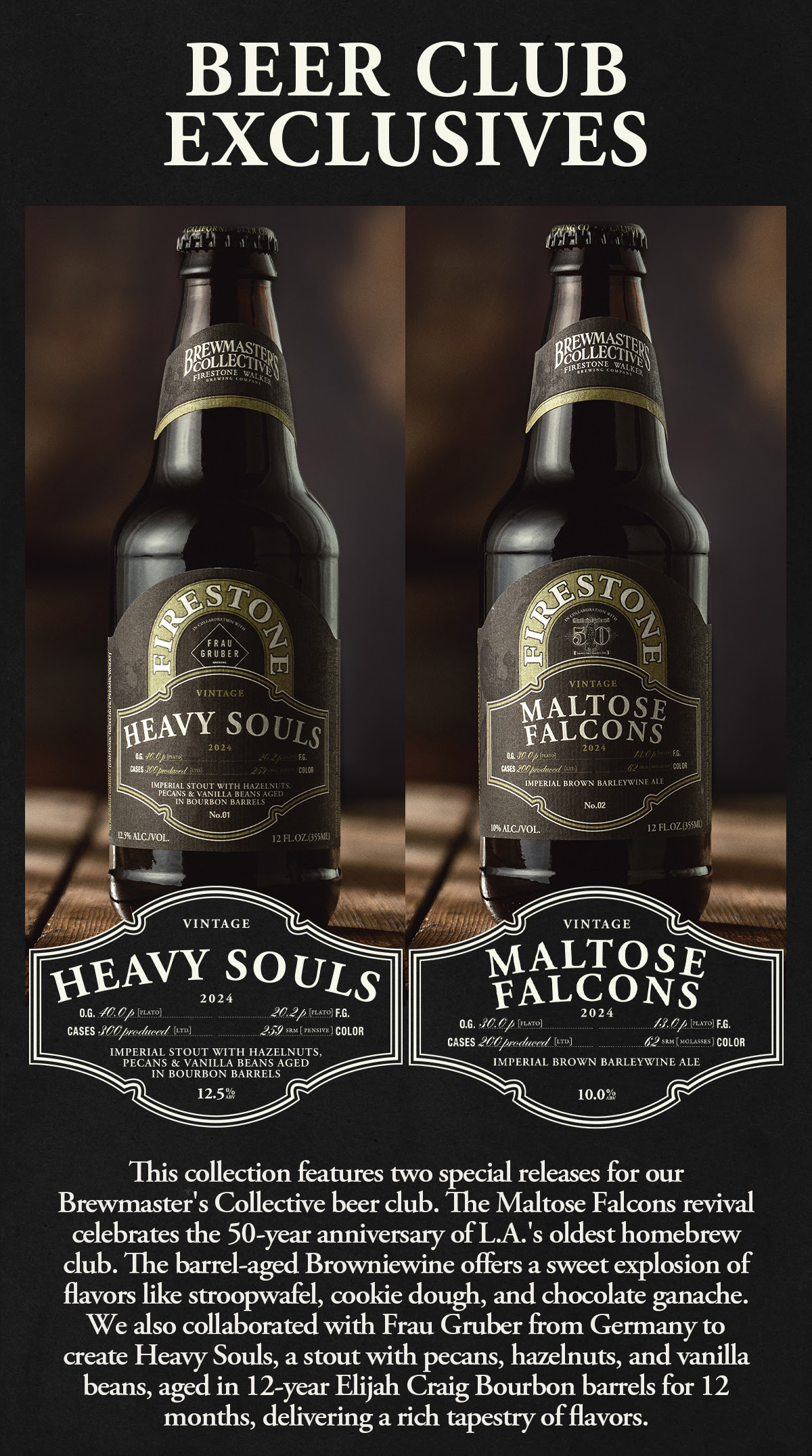 Image shows two bottles of vintage ales: "Heavy Souls" and "Maltose Falcons." The bottles are dark with gold and black labels. The text below describes "Maltose Falcons" as a barrel-aged Browniewine with flavors like stroopwafel and chocolate ganache, celebrating the 50th anniversary of L.A.'s oldest homebrew club. "Heavy Souls" is an Imperial Stout brewed with pecans, hazelnuts, and vanilla beans, aged for 12 months in Elijah Craig Bourbon barrels, delivering rich, layered flavors