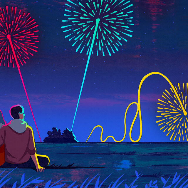 An illustration of a couple sitting in a grassy area watching fireworks at twilight. Two fireworks are shooting high into the sky, while a third is going off course toward the ground. 