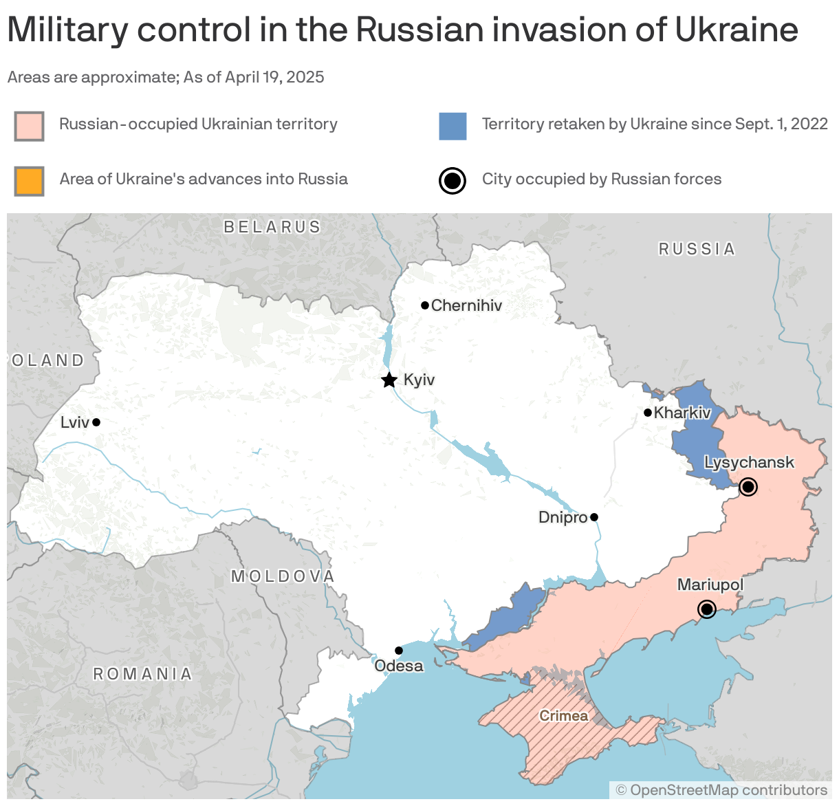 A map of Ukraine showing key cities, such as Kyiv, Bucha and Dnipro, and the approximate area of Russian-occupation.