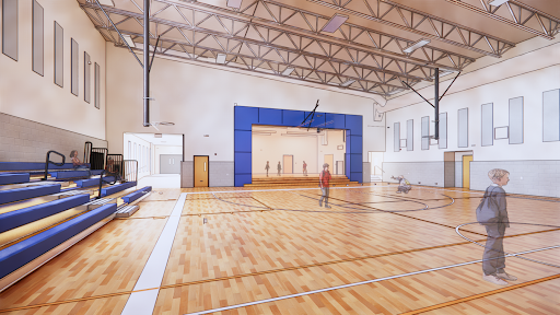 A sketch-style rendering of a school gym with children playing and gym mats stacked on the side.