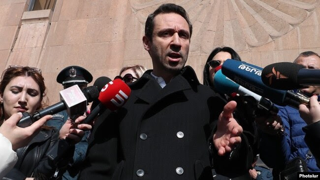 Armenia - Former Yerevan Mayor Hayk Marutian talks to reporters outside the municipality building, March 12, 2024.