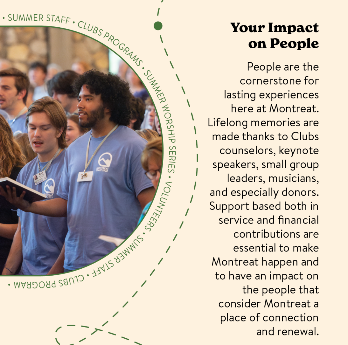 Your Impact on People - People are the cornerstone for lasting experiences here at Montreat. Lifelong memories are made thanks to Clubs counselors, keynote speakers, small group leaders, musicians, and especially donors. Support based both in service and financial contributions are essential to make Montreat happen and to have an impact on the people that consider Montreat a place of connection and renewal. 