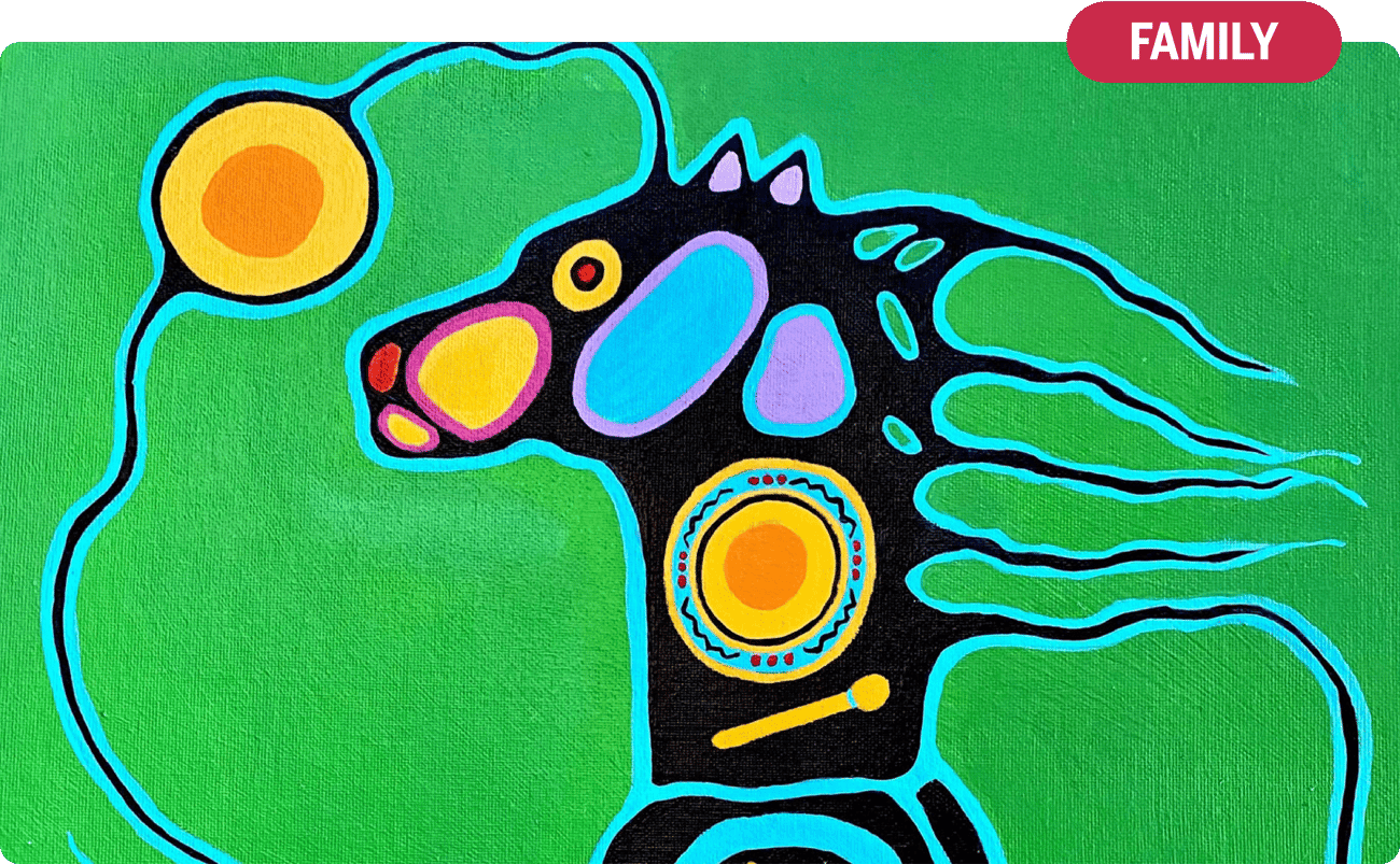 Colourful Indigenous artwork of a horse, on a green background 