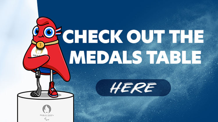 Colourful design with the mascot of the Paralympic Games on the left. The text in the centre reads 'Check out the medals table here'.