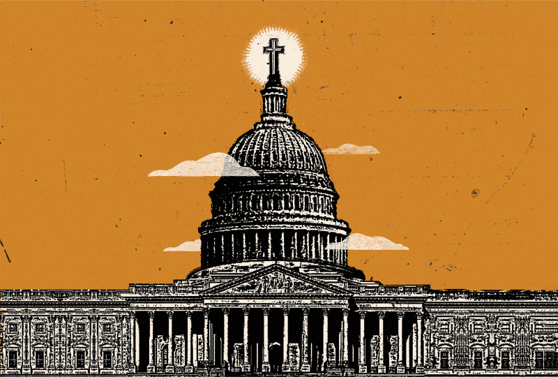 Illustration of US Capitol Building with a cross at the top of the dome. 