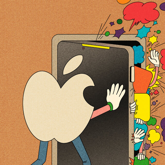 In an illustration, a raucous group of blank app icons is trying to get through a door that’s ajar. An Apple logo with an arm and legs is struggling to shut a door, which is drawn to look like an iPhone. 