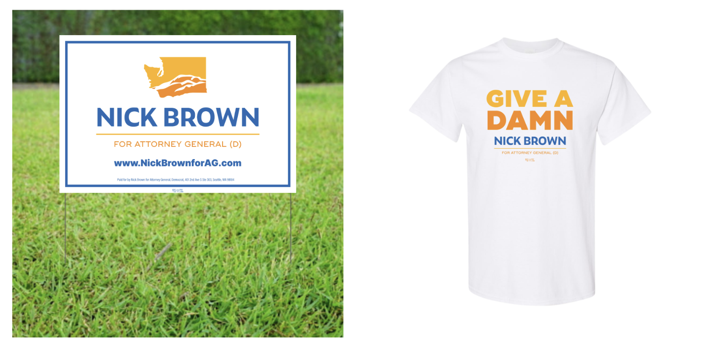 Nick Brown yard sign and t-shirt from merch store