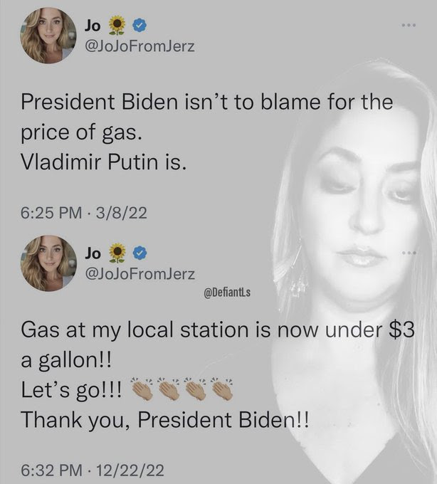 Hypcrite Jo from Jersey who blames Putin when gad prices goes up but not when it goes down.