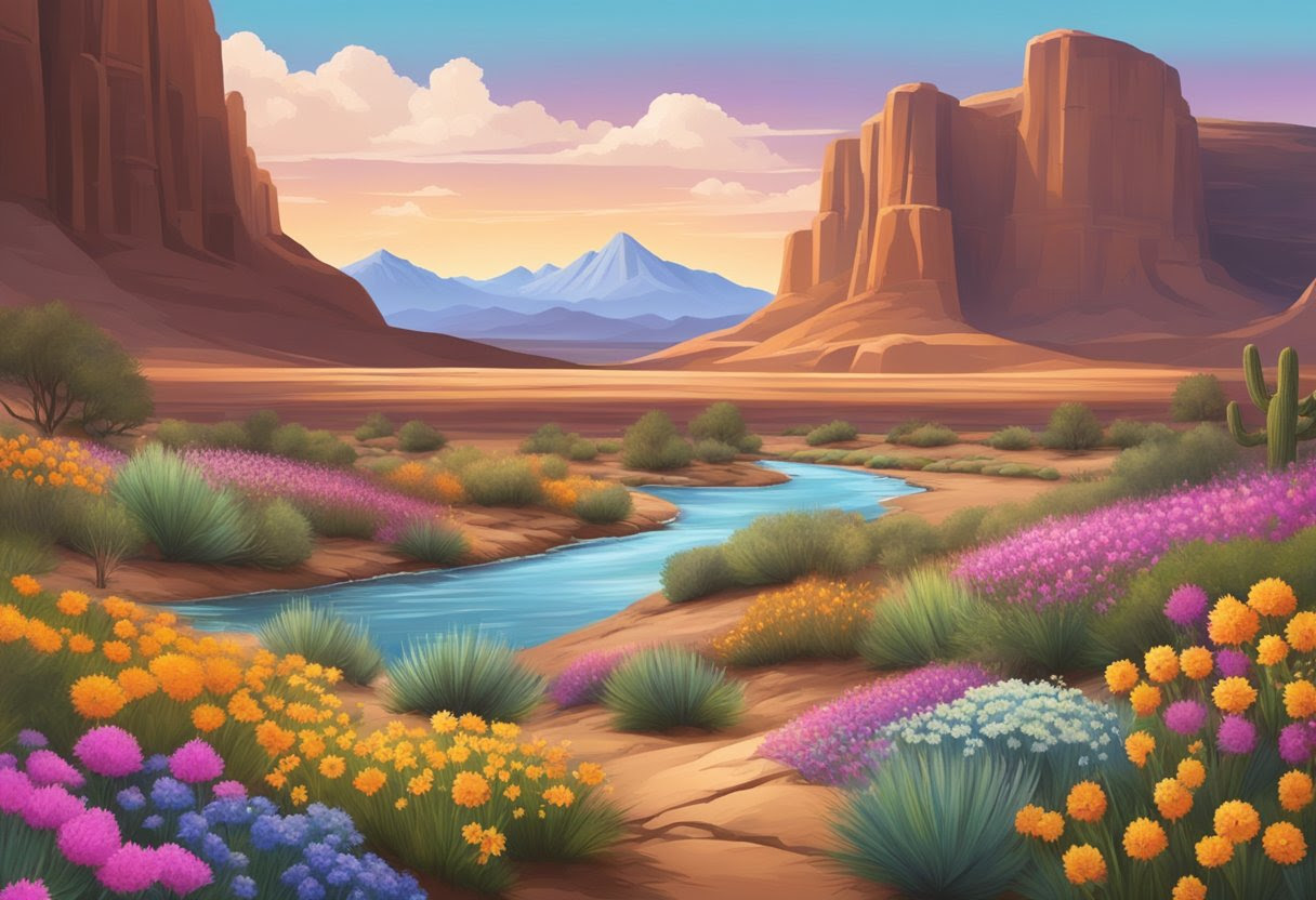 A desert landscape with a traditional Navajo Hogan and a flowing river, surrounded by colorful wildflowers and the sacred mountains in the distance