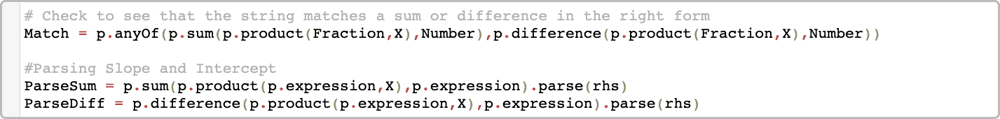 # Check to see that the string matches a sum or difference in the right form Match = p.anyOf(p.sum(p.product(Fraction,X),Number),p.difference(p.product(Fraction,X),Number)) # Parsing Slope and Intercept ParseSum = p.sum(p.product(p.expression,X),p.expression).parse(rhs) ParseDiff = p.difference(p.product(p.expression,X),p.expression).parse(rhs)