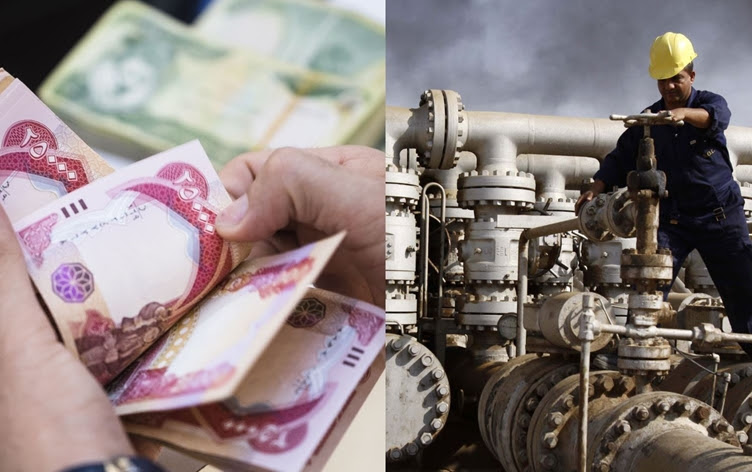 Iraqi dinar notes (left) and an oil field (right). Graphic: Rudaw