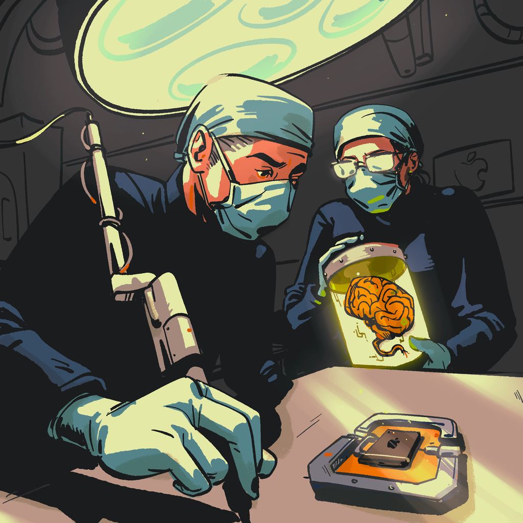 An illustration shows two surgeons who seem to be preparing to transfer a human brain from a jar into an iPhone on an operating table.