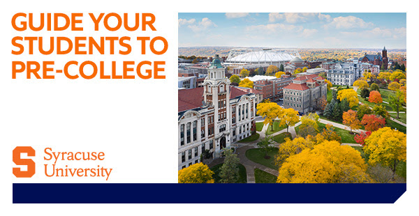 Skyline of Syracuse University with "Pre-College Starts Here" text on top of image.