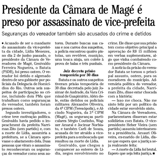 Recorte de jornal diz que presidente da Câmara de Magé foi preso por assassinato de vice-prefeita