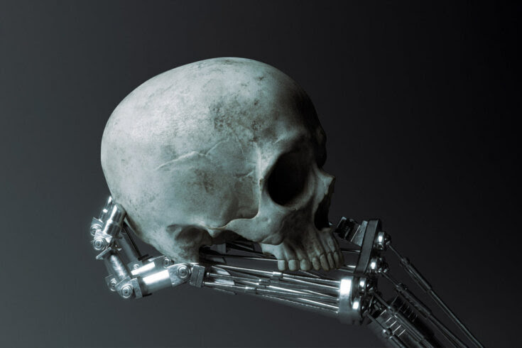 A 3D illustration of a robotic metal holding up and analyzing a human skull against an ominous dark background.