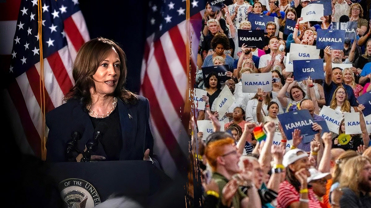 卡瑪拉·哈里斯（Kamala Harris）講話，身後是美國國旗（左）； 右：人群拍攝