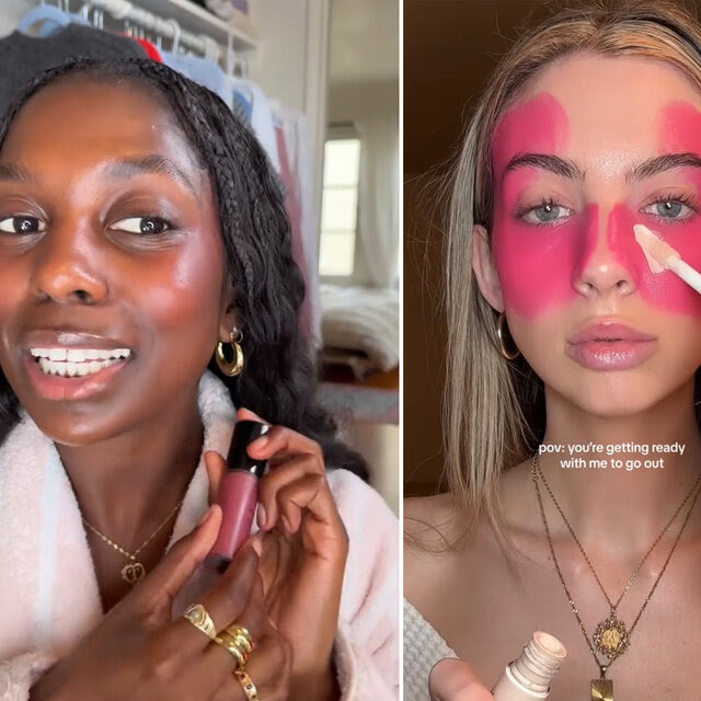 Screenshots of three women on TikTok applying blush and displaying their blush products.