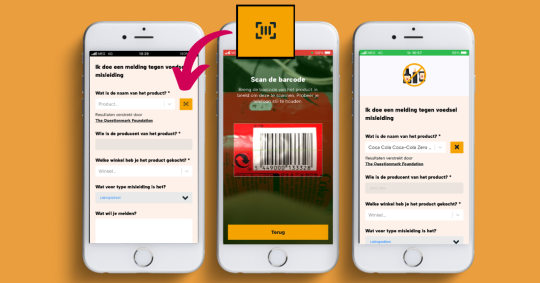 Voorbeeld en uitleg van hoe barcode scanner gebruikt op nieuwe foodwatch webapplicatie op een mobiele telefoon