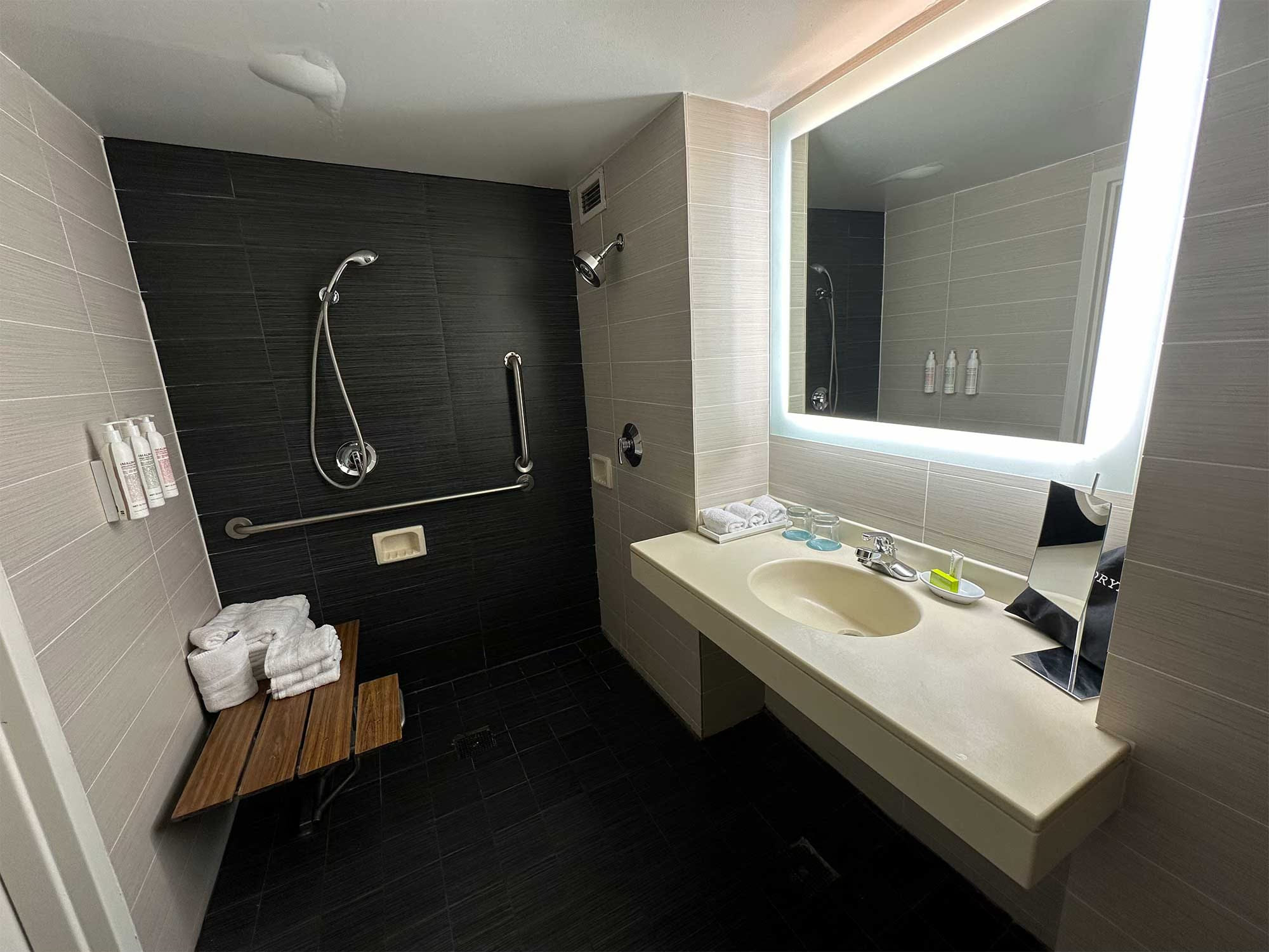 Adapted bathroom with roll-under sink and roll-in shower. Adapted bathroom with roll-under sink and roll-in shower.