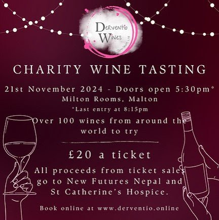 The Derventio Charity WIne Tasting evening image lists details about the event and shows a glass and a bottle of wine in a hand drawn format.