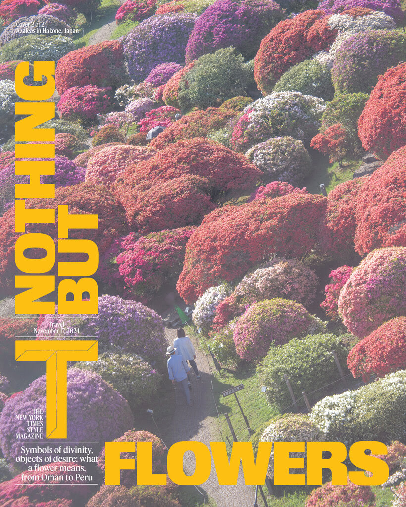 A cover of T Magazine's Nov. 17, 2024, Travel issue, titled “Nothing But Flowers.” The image shows two people walking on a path through azalea bushes.