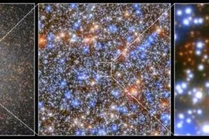 The likely position of Omega Centauri star cluster’s intermediate black hole. From left to right, each panel zooms in closer to the system.