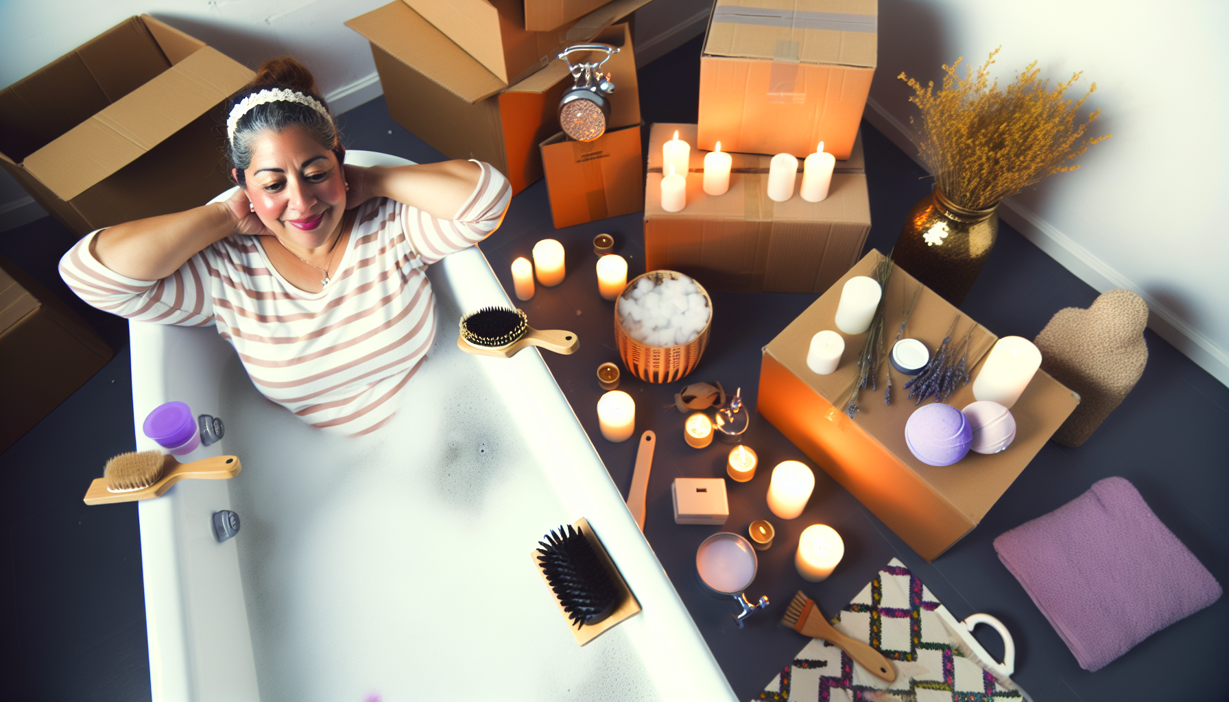Person practicing self-care by taking a relaxing bath during the moving process